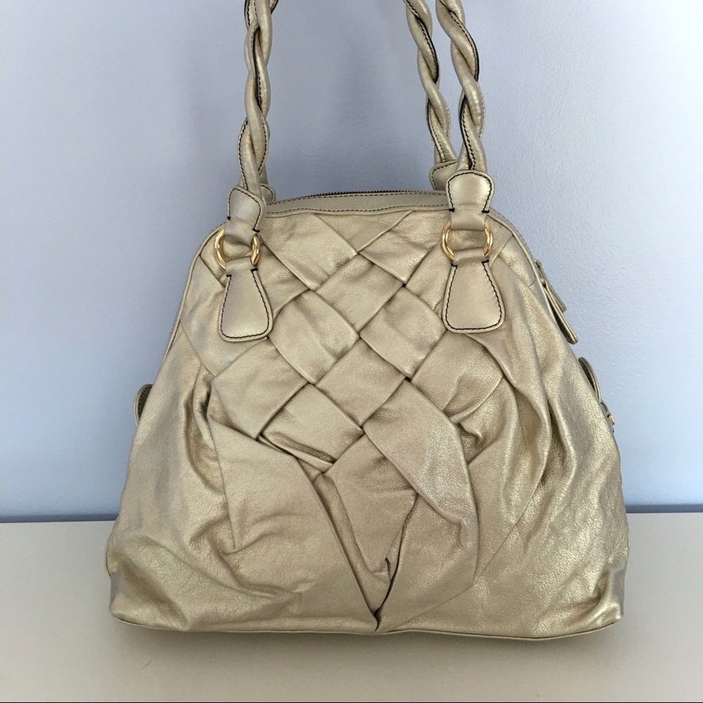 Valentino gold leather braided handle bowler designer bag
